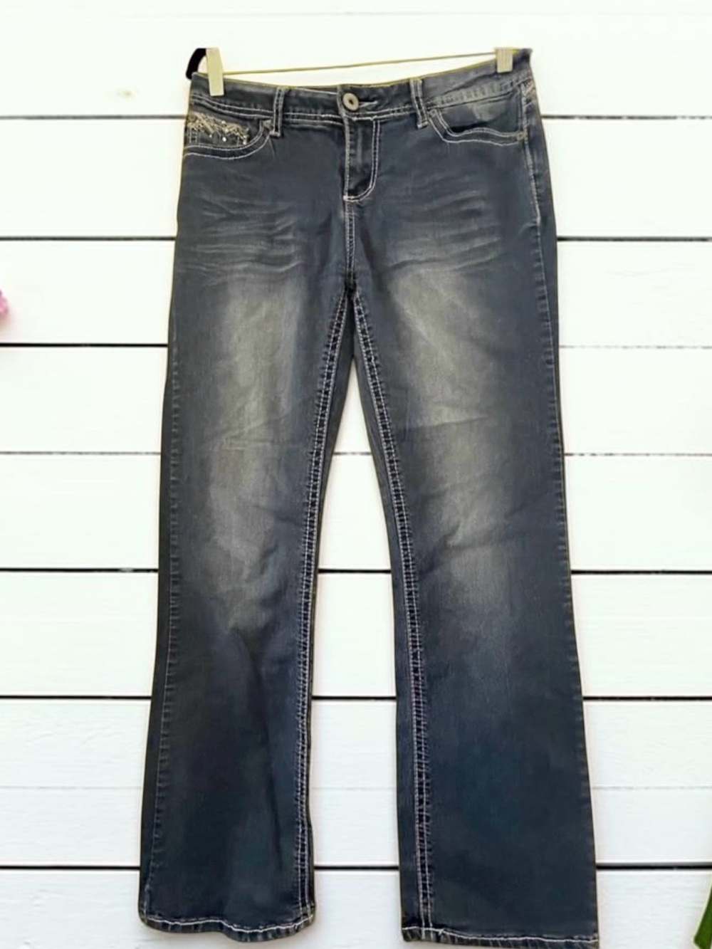 Soundgirl Jeans Junior Bootcut Medium Wash Blue Denim Stretch Embroidered 5 Pock